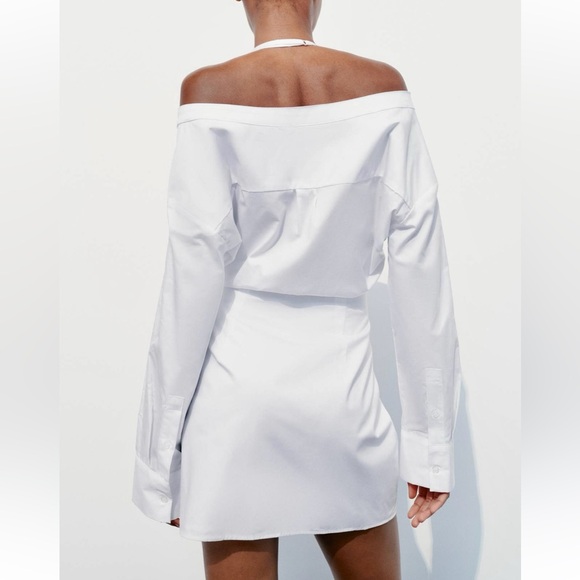Zara NWT gabardine white off the shoulder button front trench coat shirt dress - Picture 6 of 10